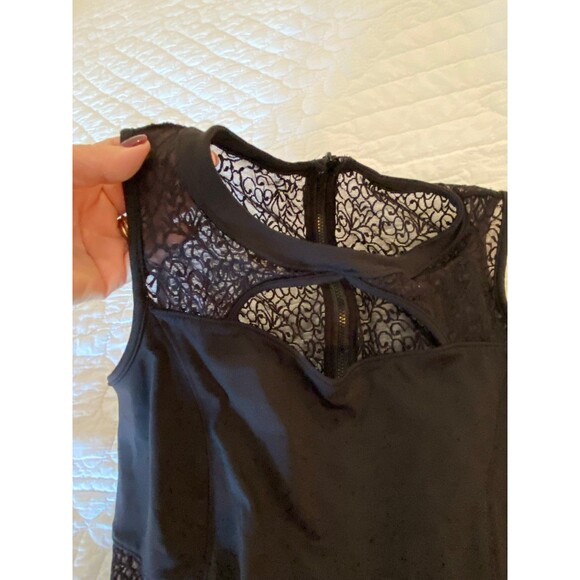 Womens Swimsuit One Piece  Size ?? Large Black w/zipper & Lace Inserts Pool - Picture 2 of 12